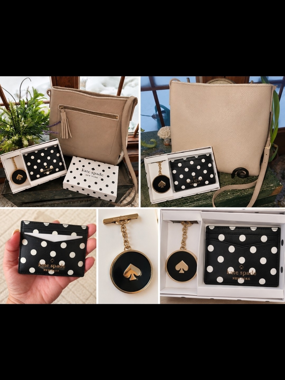 Kate Spade Polka Dot Card Holder & Keychain with Kate Spade Beige Crossbody Bag